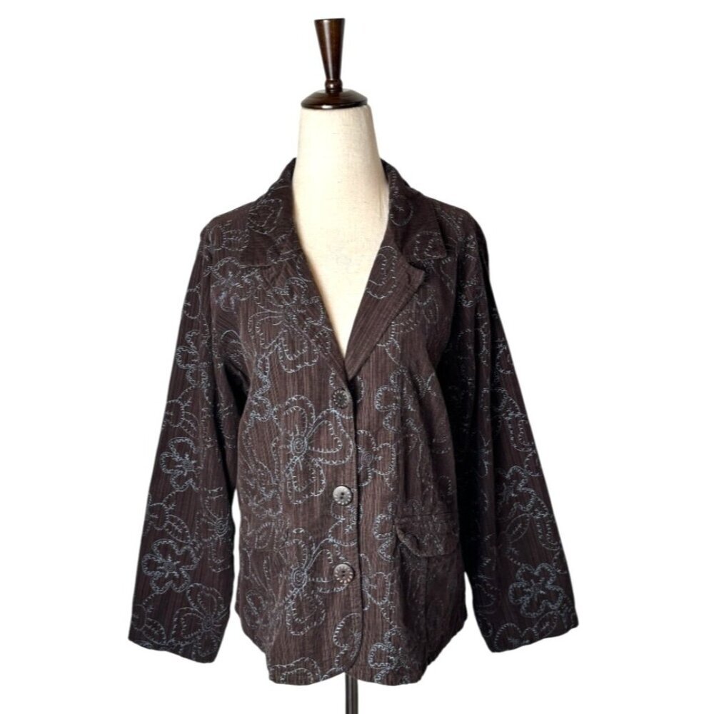 Flax Blazer Women Small Brown Blue Floral Embroidery Corduroy Chore Coat